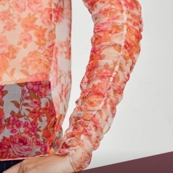 Zara Sheer Mesh Red Orange Pink Floral Long Sleeve Top Medium - Picture 3 of 9